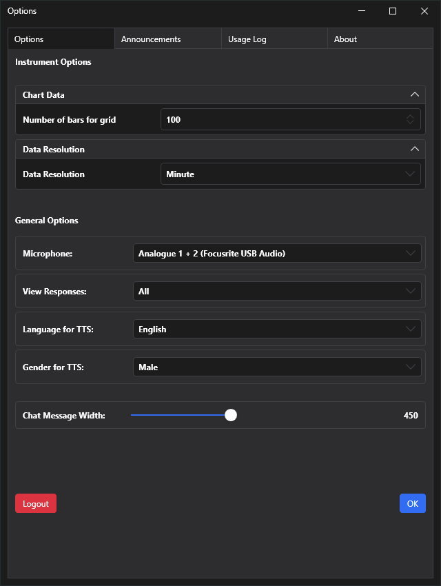 ChartGPT-Options Window